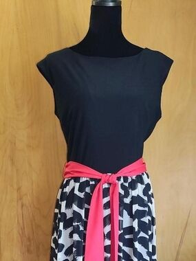 Black Top with Black & White Printed Skirt Dress and Red Waist Tie